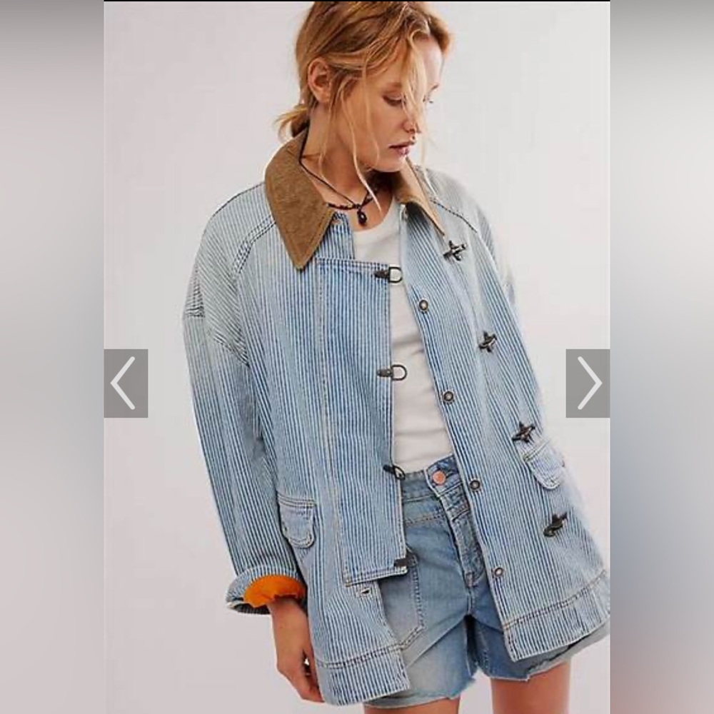 Free People Blue White Engineer Stripe Buckle Barn Jacket Coat XS NWT